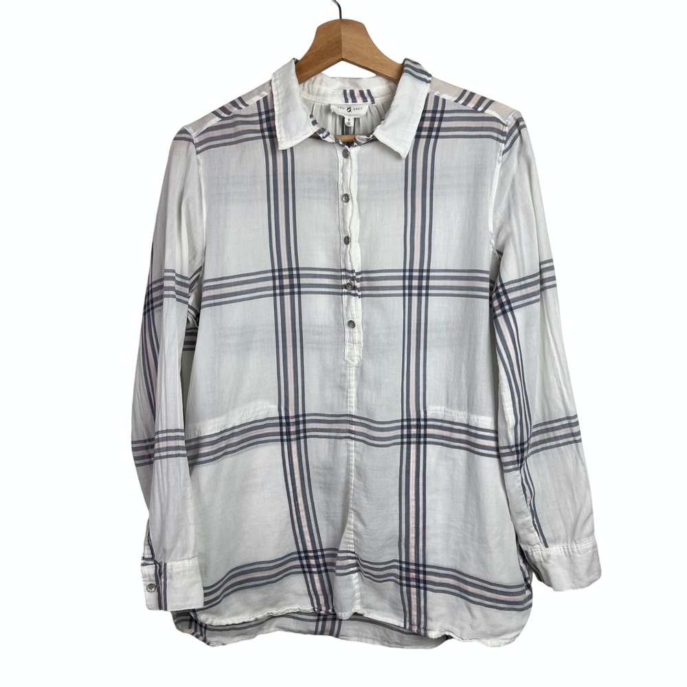 LOU & GREY White‎ Plaid Women's Size S Sheer Popover Collared Long Sleeve Shirt